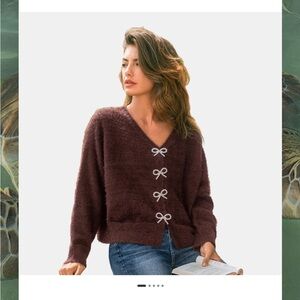 Cupshe Brown V-Neck Sweater with Bow Details